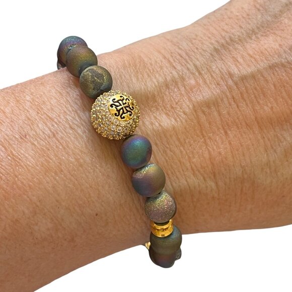 Rustic cuff Natural Druzy Stone Aurora Borealis Logo Stretch Bracelet - Picture 1 of 2